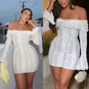 House of CB Sadie Vintage Cream Floral Lace Off Shoulder Mini Dress NWOT size L‎